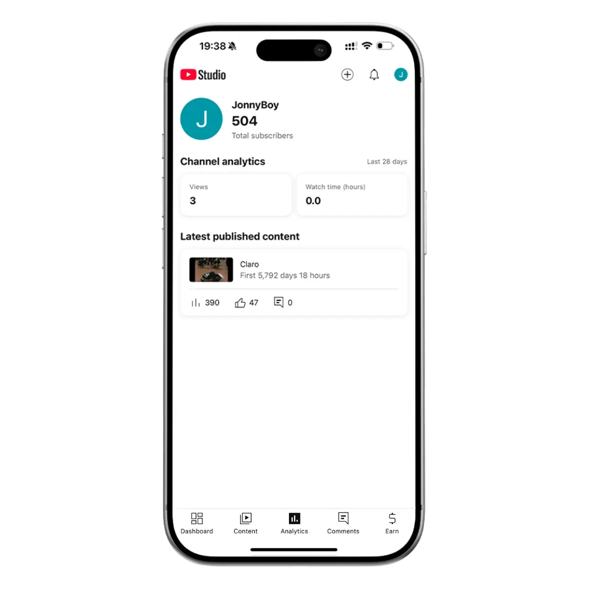 Phone screen displaying an aged YouTube channel's Analytics page in YouTube Studio.