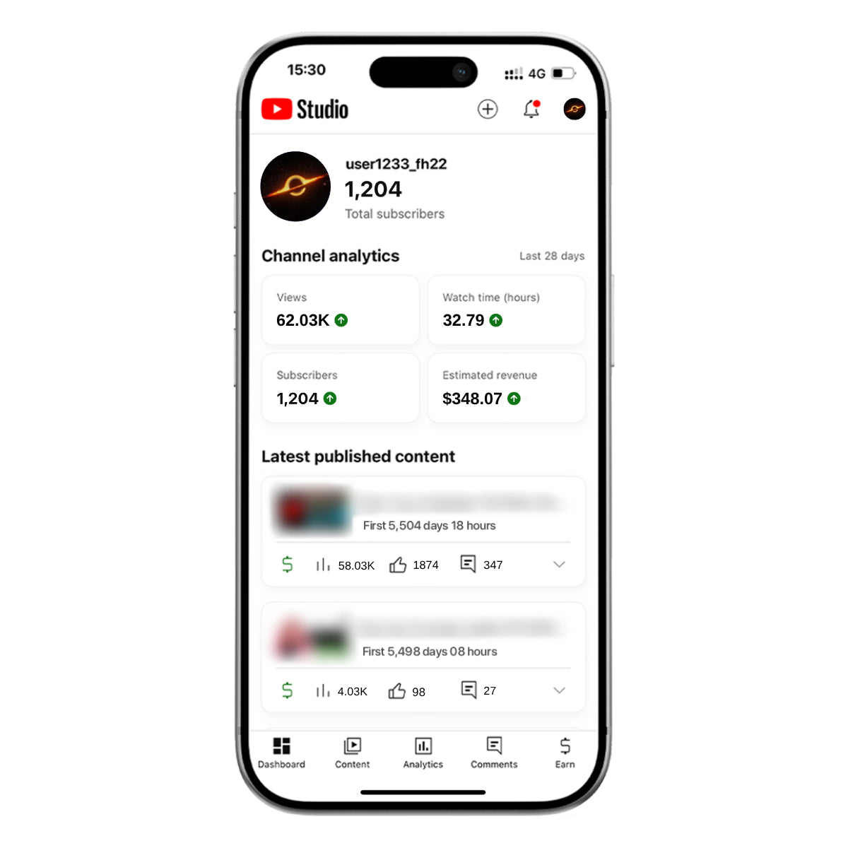 Phone screen displaying a monetized YouTube account's Dashboard page in YouTube Studio.